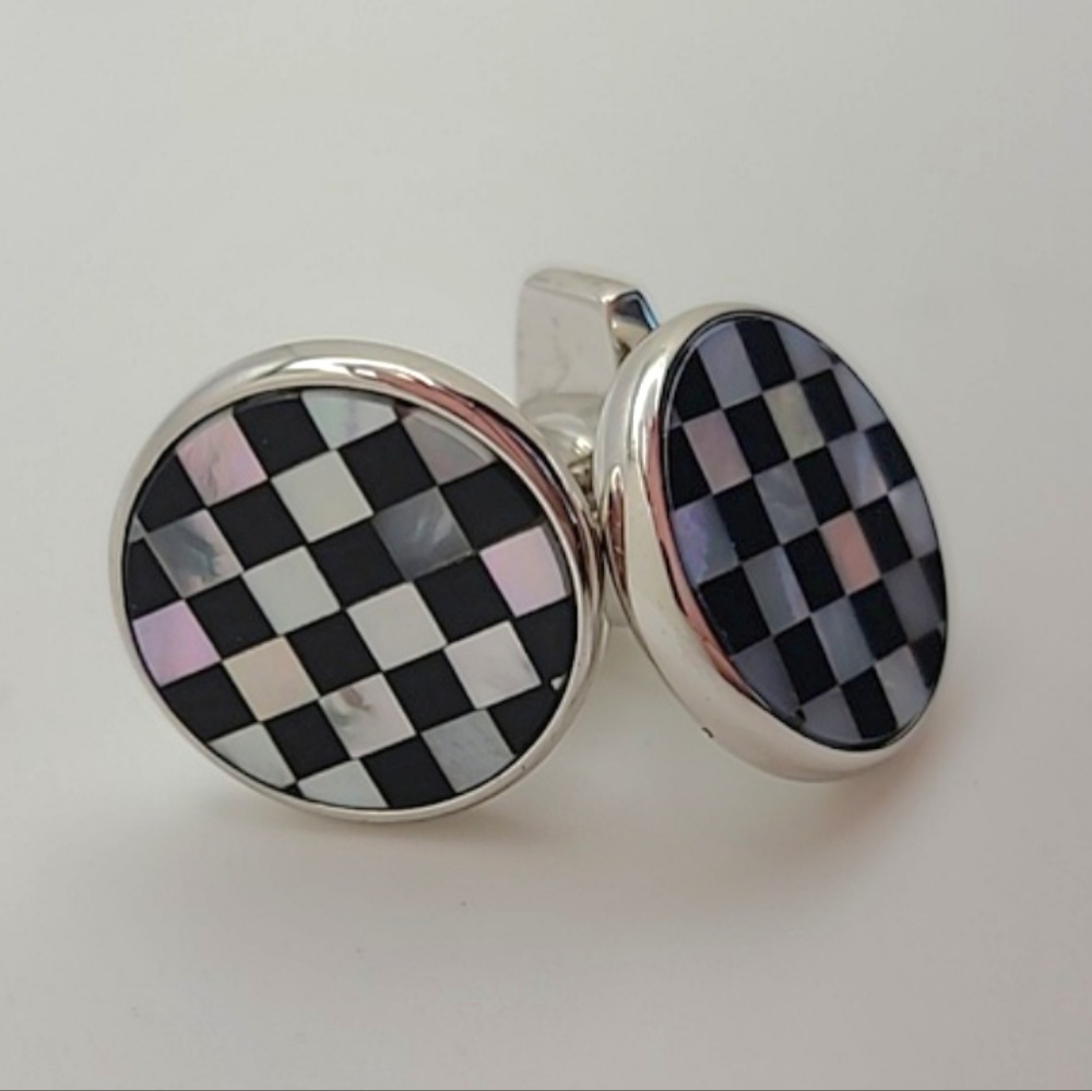 Joseph A. Banks Cufflinks Harlequin Black Onyx Abalone Fixed Bar Whaleback